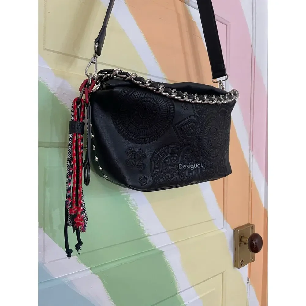 Desigual Black Embossed Mandala Chain Crossbody Shoulder Bag Tassel Boho